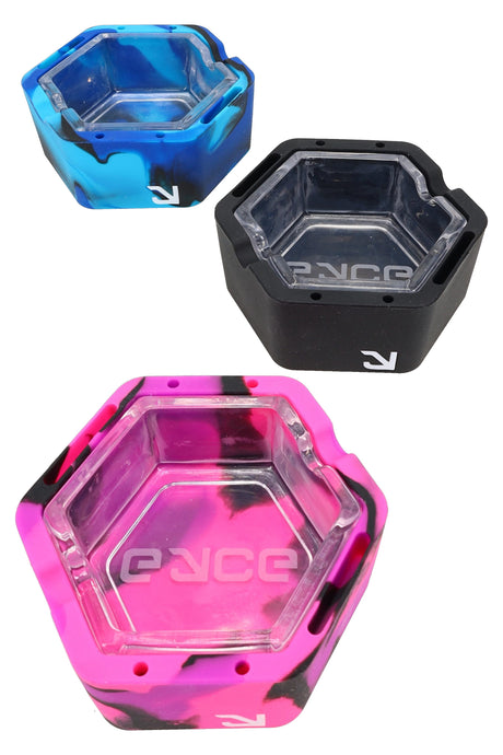 Eyce ProTeck ashtrays with silicone outer shell and glass insert shown angled as a 2-in-1 smoking accessory
