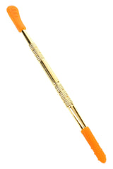 Single gold metal dab tool with orange silicone tips, textured grip, and slim concentrate scoop end