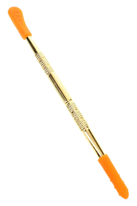 Single gold metal dab tool with orange silicone tips, textured grip, and slim concentrate scoop end