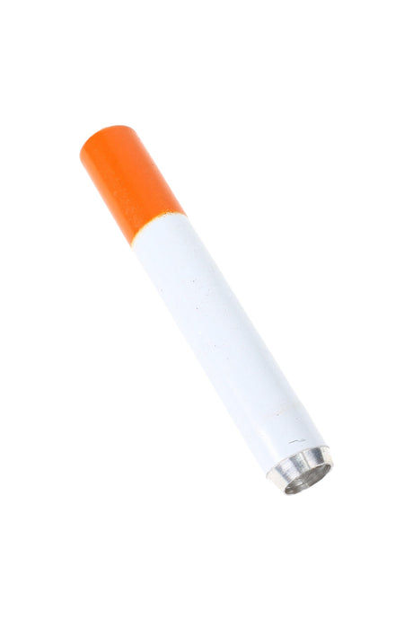 Full side profile of 2-inch metal cigarette bat one-hitter pipe, faux filter tip, on clean white background