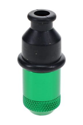 Green Sneak-A-Toke metal hand pipe with black rubber mouthpiece shown in close-up view