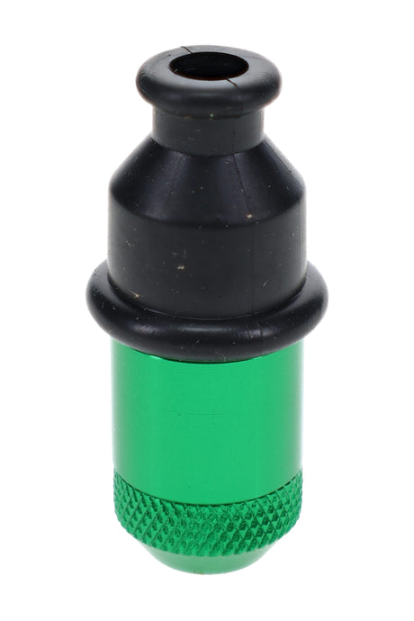 Green Sneak-A-Toke metal hand pipe with black rubber mouthpiece shown in close-up view