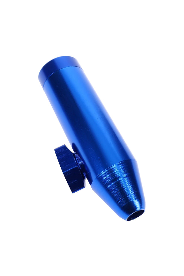 Blue 2-inch metal bullet pipe with side knob and compact bullet shape, small dry herb hand pipe profile