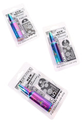 Three rainbow bullet-style metal hand pipes in retail blister packs with five silver screens included, compact pocket pipe.