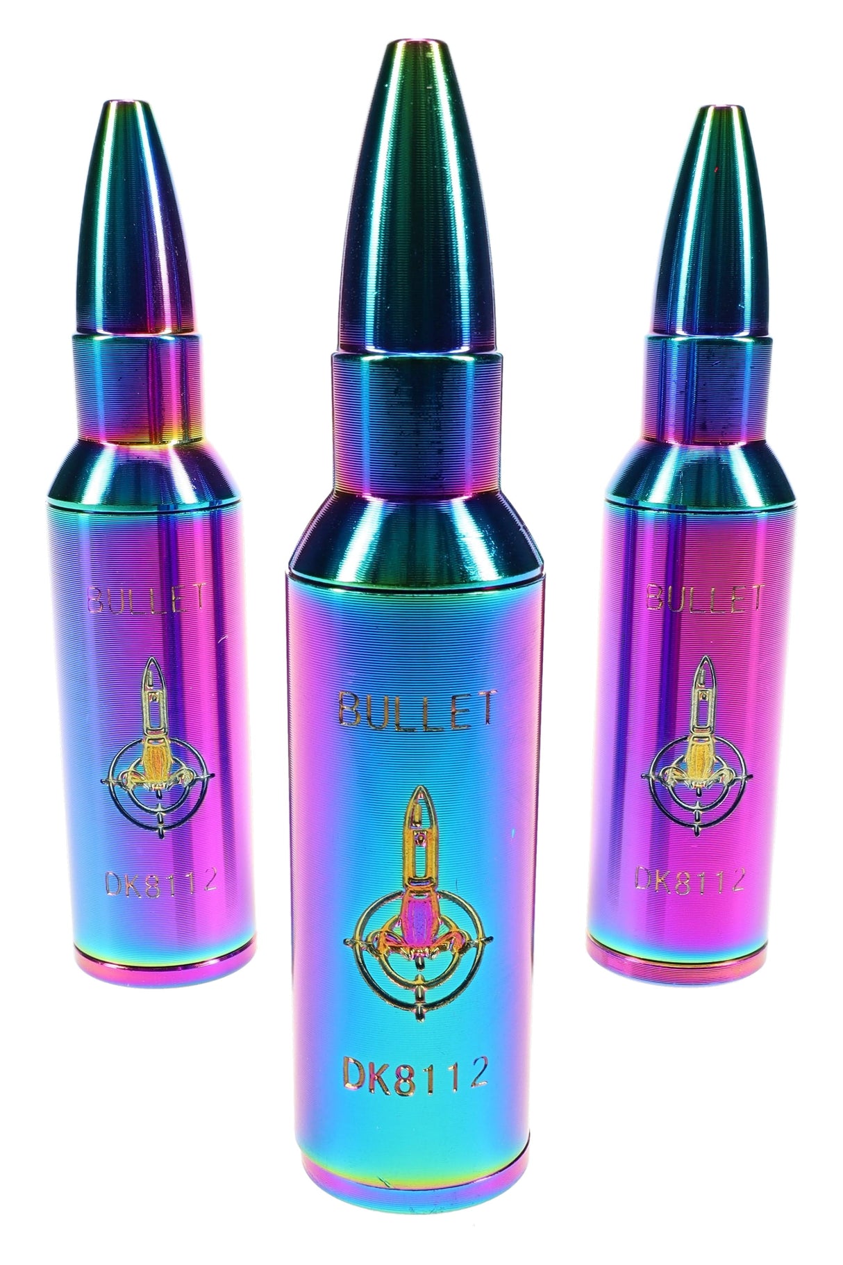 Trio of iridescent rainbow bullet metal hand pipes standing upright, compact and discreet for dry herb.