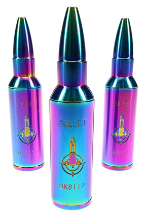 Trio of iridescent rainbow bullet metal hand pipes standing upright, compact and discreet for dry herb.