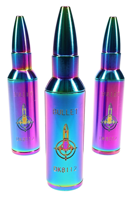 Trio of iridescent rainbow bullet metal hand pipes standing upright, compact and discreet for dry herb.