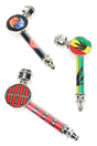 4 inch decal design metal hand pipe with screw-on bowl cap and assorted yin yang, rasta and Amsterdam graphics