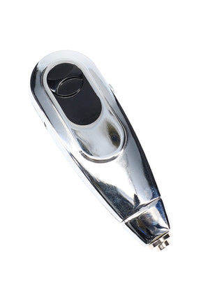 Close-up of Solopipe Elektra handheld self-lighting pipe with dual control buttons and tapered mouthpiece end, chrome finish.