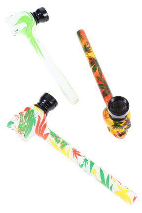 Ceramic leaf design hand pipe with long stem and black metal bowl, about 5 inches long, shown in assorted rasta colors on a white background.