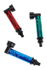 Colored metal hand pipes with black fittings and embossed art on the stem, compact angled-bowl design for dry herb.