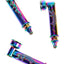 Rainbow-finish metal hand pipes with embossed skeleton-style stems and angled bowls, compact pocket design with smooth metallic sheen.