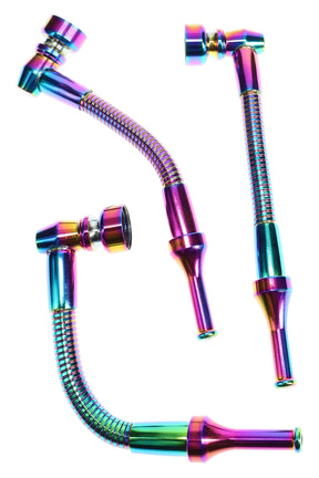 Rainbow metallic bendy metal hand pipe, 5.25-inch length with flexible spring neck and deep bowl, shown on white background.