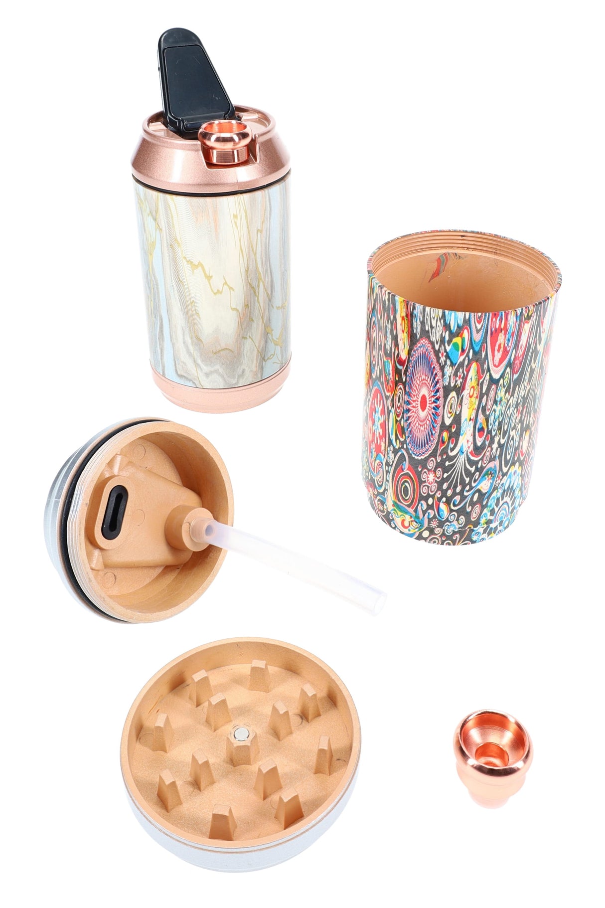 Disassembled 4½″ plastic soda can 2-in-1 bong showing flip-top mouthpiece, metal bowl, and hidden magnetic grinder base; assorted prints.