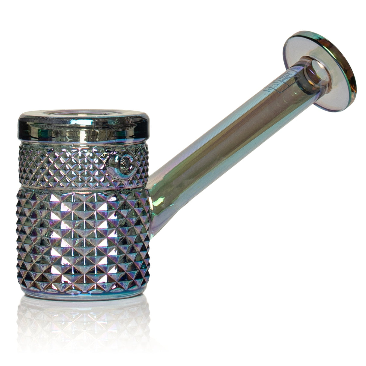 Mermaid Jane West glass hand pipe side view with iridescent body and wide disc mouthpiece