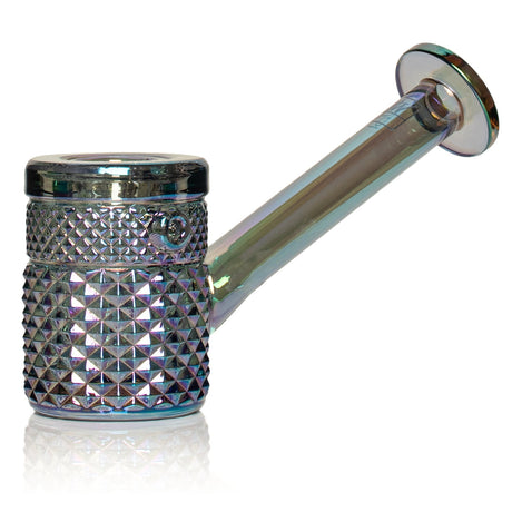 Mermaid Jane West glass hand pipe side view with iridescent body and wide disc mouthpiece