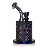 Midnight Jane West glass water pipe front view with dark shimmer, disc mouthpiece, and flat base