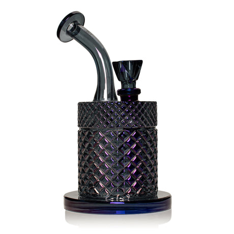 Midnight Jane West glass water pipe front view with dark shimmer, disc mouthpiece, and flat base