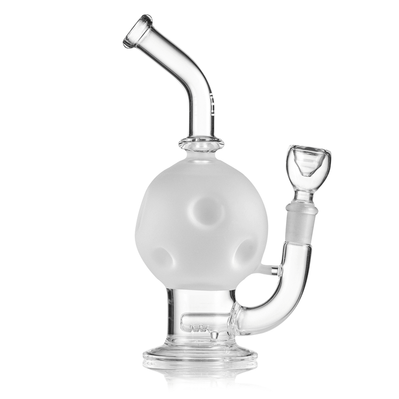 Side view of Hemper 7-inch Full Moon glass bong with crater-textured globe chamber, inline perc base and angled mouthpiece.