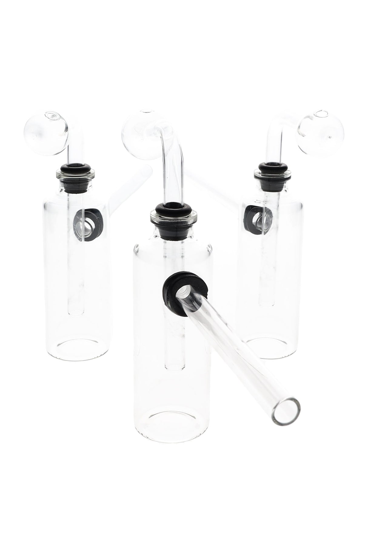 US-made 4″ clear glass bottle oil burner bubbler with globe burner and sidecar mouthpiece, rubber grommet seal; lightweight ~60 g on white background.