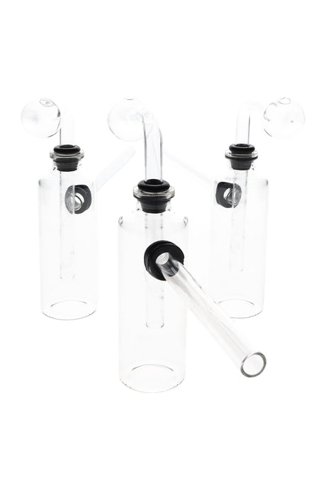 US-made 4″ clear glass bottle oil burner bubbler with globe burner and sidecar mouthpiece, rubber grommet seal; lightweight ~60 g on white background.