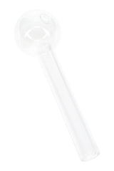 Clear thick glass oil burner pipe with round globe and straight short stem; transparent US-made design for heating fragrance and concentrate oils.