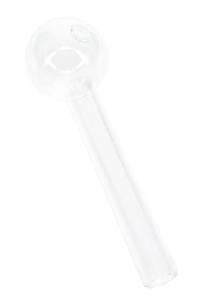 Clear thick glass oil burner pipe with round globe and straight short stem; transparent US-made design for heating fragrance and concentrate oils.