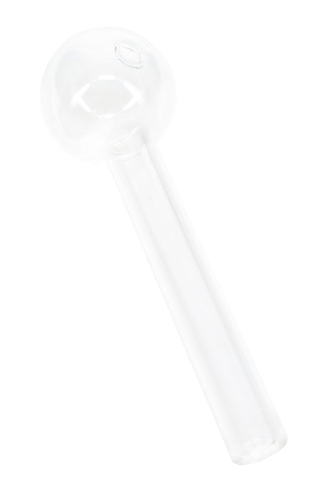 Clear thick glass oil burner pipe with round globe and straight short stem; transparent US-made design for heating fragrance and concentrate oils.