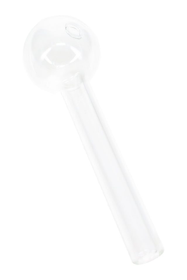 Clear thick glass oil burner pipe with round globe and straight short stem; transparent US-made design for heating fragrance and concentrate oils.