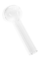 Single 4-inch clear thick glass oil burner pipe on white background, showing straight stem and spherical bowl up close