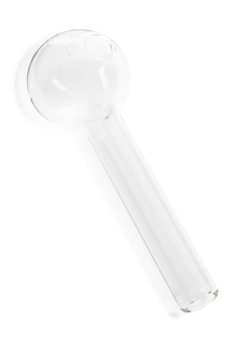 Single 4-inch clear thick glass oil burner pipe on white background, showing straight stem and spherical bowl up close