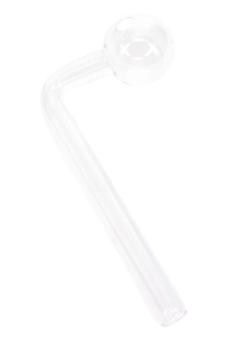 Clear glass L-shaped oil burner pipe with angled mouthpiece and rounded bulb, 6″ long, US-made