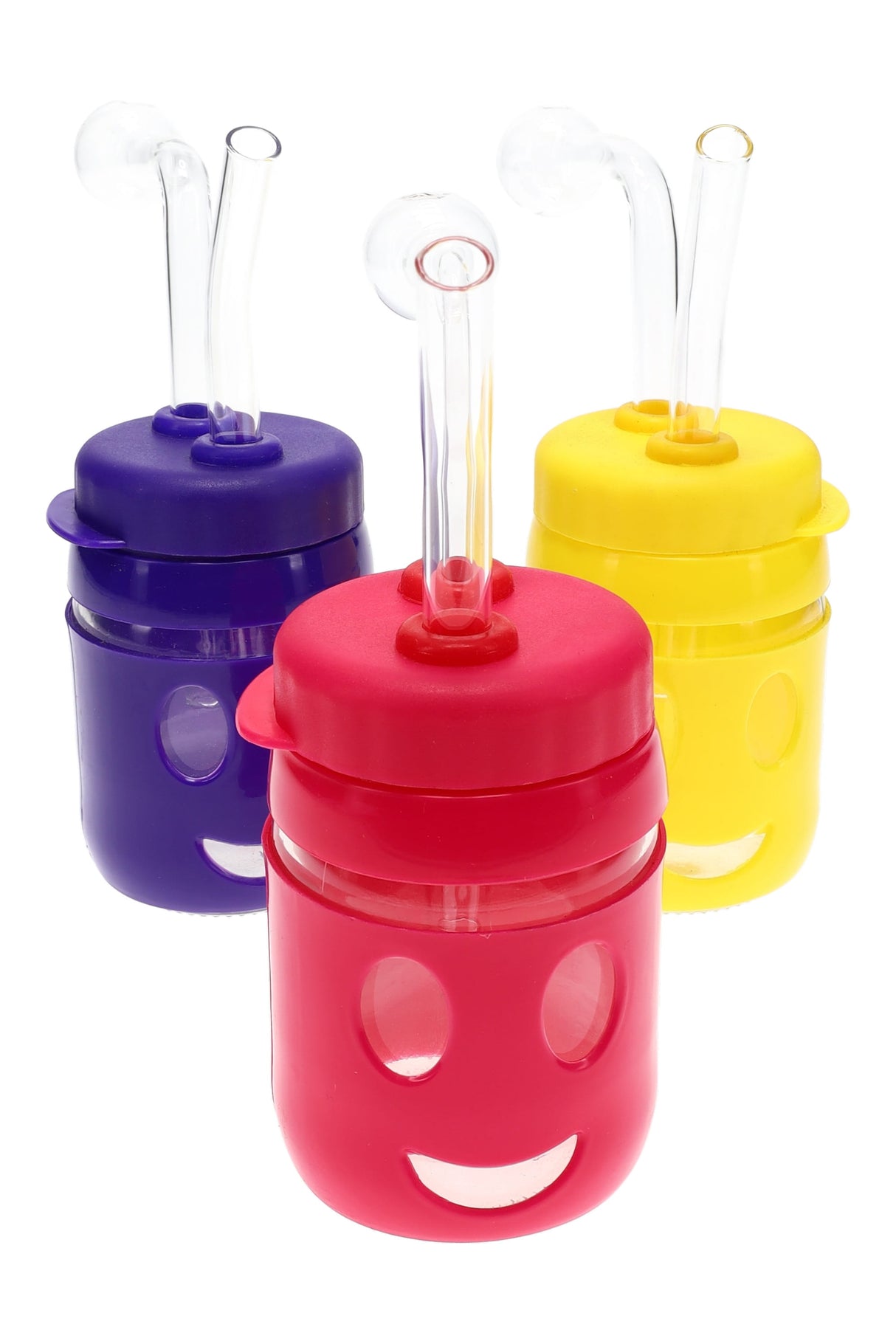 US-made smiley face oil burner rig with colorful protective sleeve, clear bubble burner, and angled glass mouthpiece; assorted colors.
