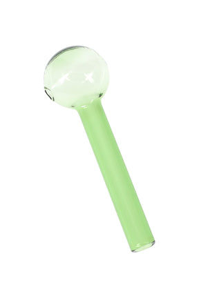 Light green thick glass oil burner pipe with globe head and straight stem; 4″ length and selectable color option.