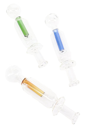 4.5″ clear glass oil burner pipe with round bowl and internal colored dome perc; lightweight ~30 g; assorted perc colors shown.