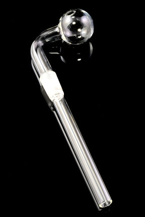 Angled view of clear 14.5 mm glass-on-glass oil burner downstem on black, frosted joint and round globe bowl with straight mouthpiece.
