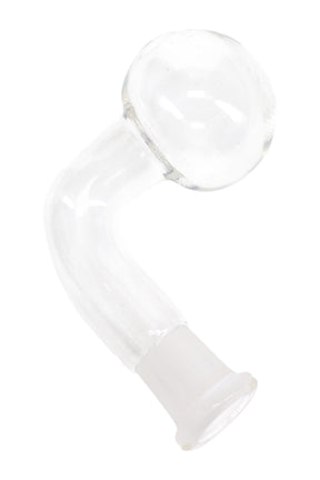 US-made 14.5 mm female glass oil burner attachment with clear globe head and L-shaped stem; lightweight ~25 g; compact, clear finish.