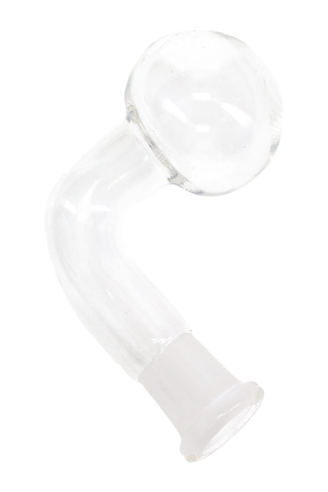 US-made 14.5 mm female glass oil burner attachment with clear globe head and L-shaped stem; lightweight ~25 g; compact, clear finish.
