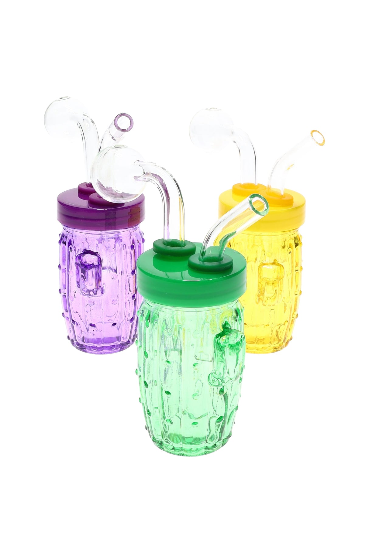 US-made colored glass cactus oil burner rig with textured body, bent mouthpiece, and round globe burner; multiple bright colors shown on white.