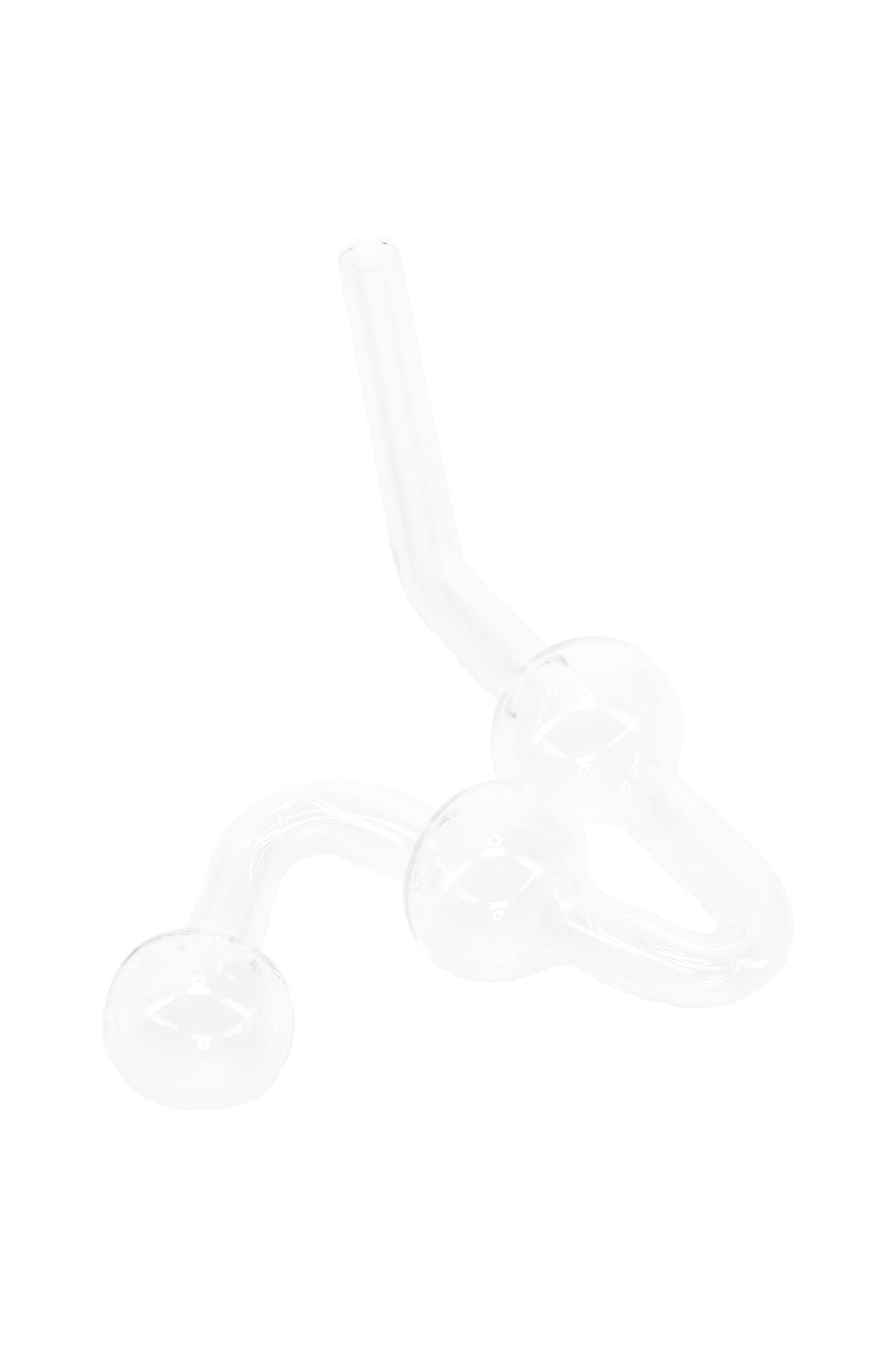 US-made 7″ clear glass water dog oil burner pipe with three cooling chambers and bent mouthpiece, lightweight ~40 g on white background.