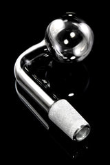 Black L-shaped 14.5 mm male glass oil burner with round globe head and frosted connector on black background.