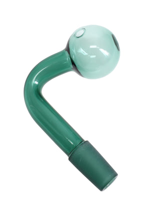 Teal 14.5 mm male oil burner attachment showing clear globe head and L-bend for easy lighting; frosted joint.