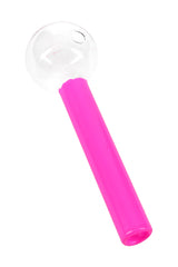 4″ bright-pink painted glass oil burner pipe with clear round bowl and straight stem; lightweight and portable.