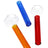 Three 4″ US-made painted glass oil burner pipes with clear round bowls and colored stems in blue, red, and orange; sold individually.
