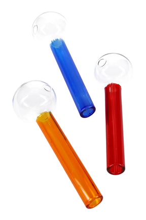 Three 4″ US-made painted glass oil burner pipes with clear round bowls and colored stems in blue, red, and orange; sold individually.