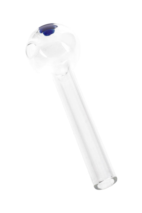 4-inch clear thick glass oil burner pipe with blue dot accent, straight stem and round bowl on white backdrop, angled view.