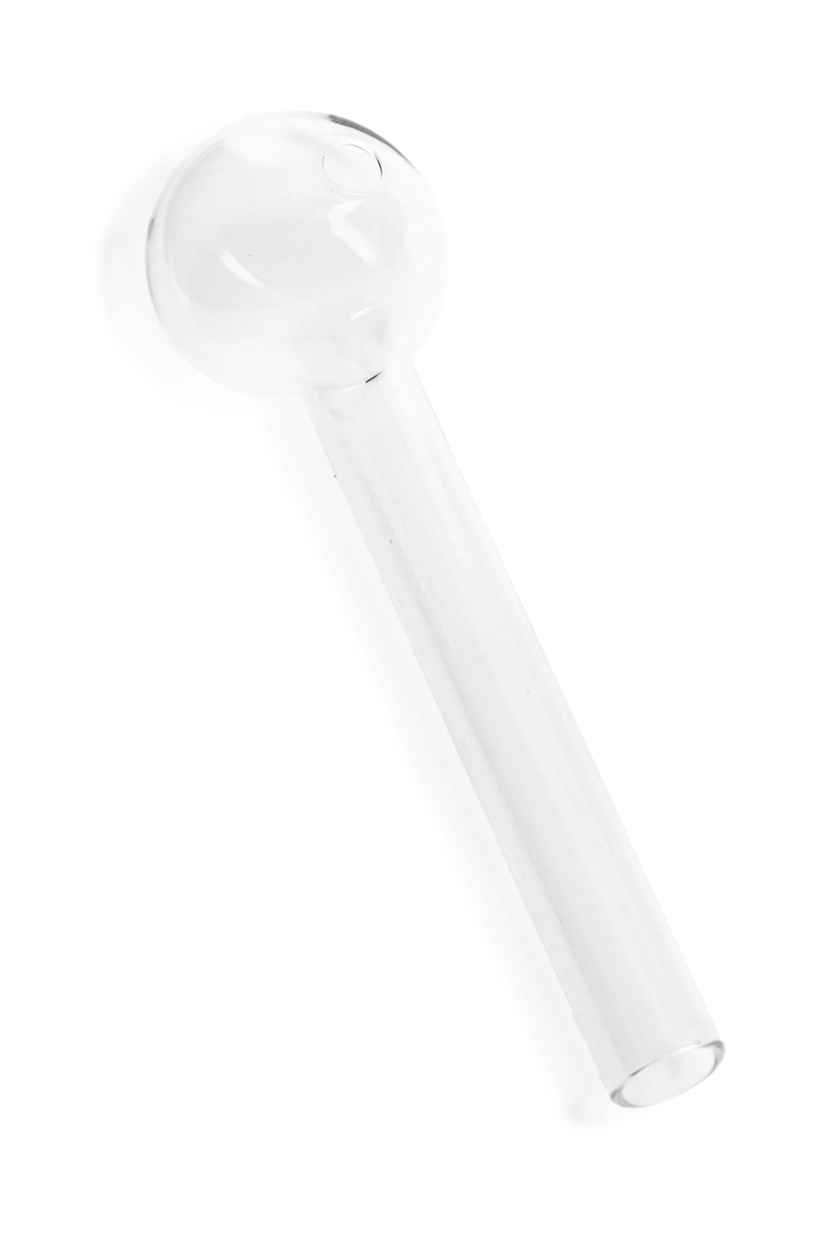 4-inch clear thin glass oil burner pipe with straight stem and round bowl on white background, angled view.
