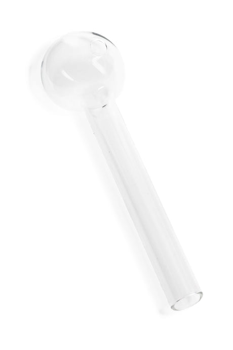 4-inch clear thin glass oil burner pipe with straight stem and round bowl on white background, angled view.