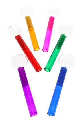Colored glass oil burner with clear round bowl, 6″ jumbo stem in assorted bright colors; sturdy hand pipe design for concentrates.