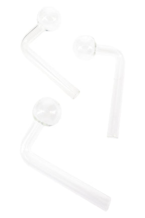 Clear thick glass L-shaped oil burner, round globe bowl and straight mouthpiece, compact 4½″ length for precise heating and safer hand clearance.